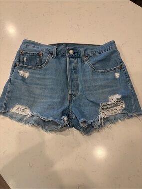 Levi's Light Blue Distressed High-Rise Jean Shorts